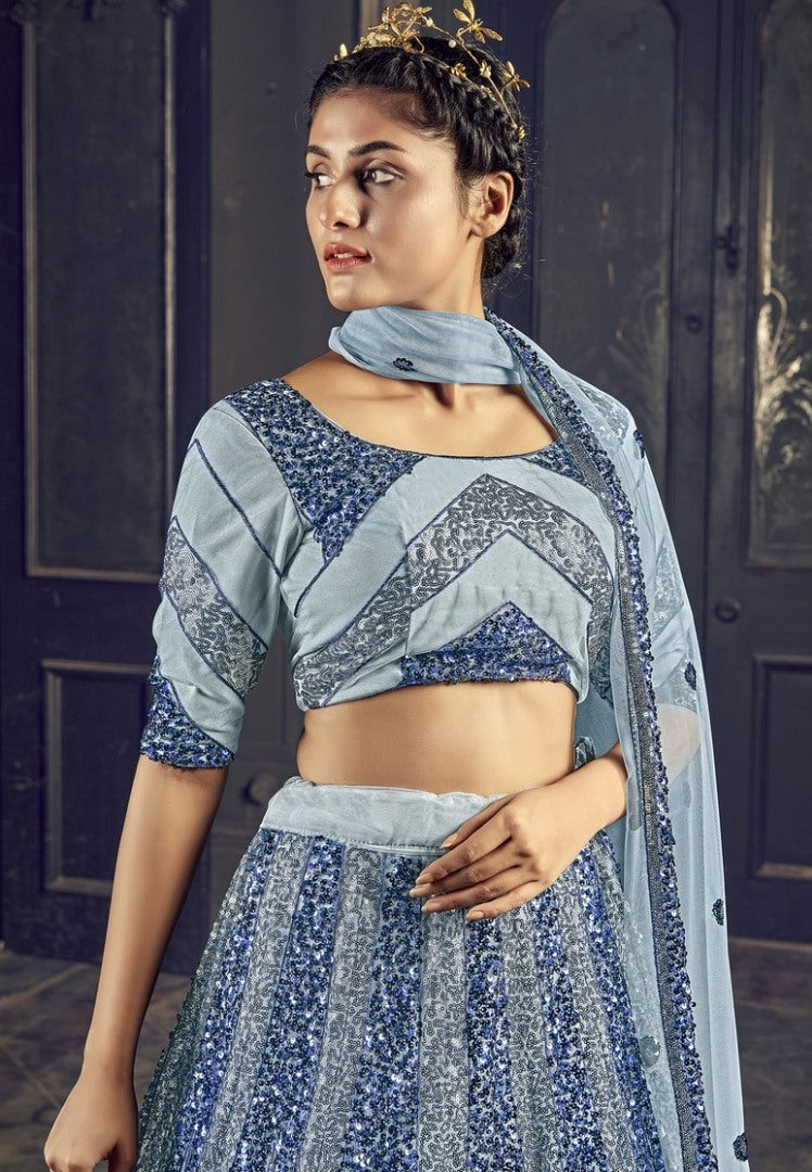 Grey net sequence embroidered work party wear lehenga choli