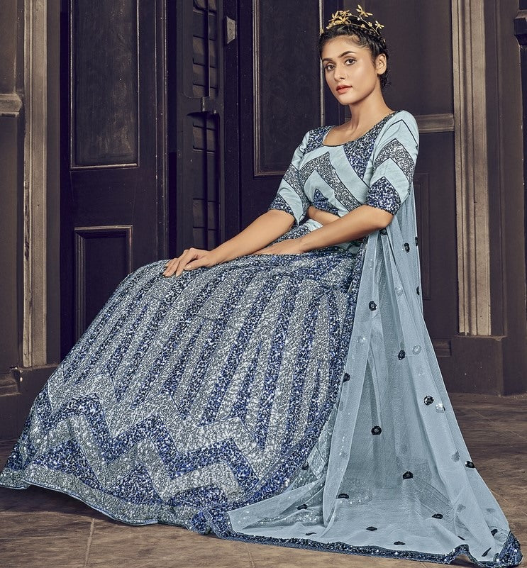 Grey net sequence embroidered work party wear lehenga choli