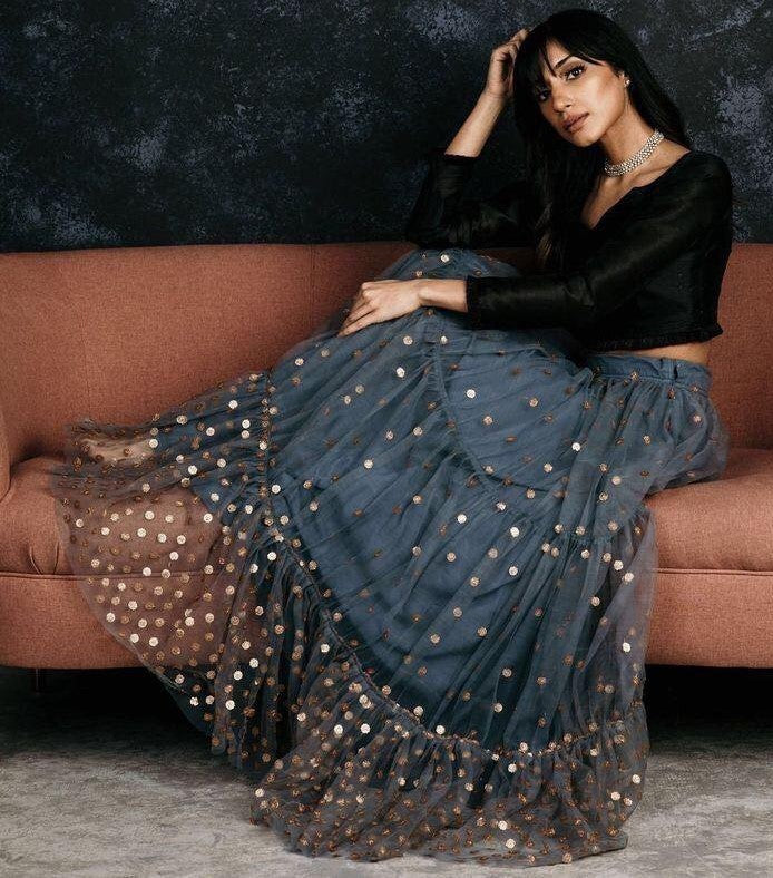 Grey net sequence work partywear lehenga