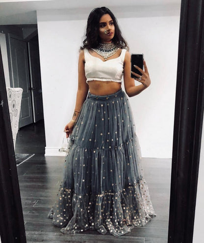 Grey net sequence work partywear lehenga