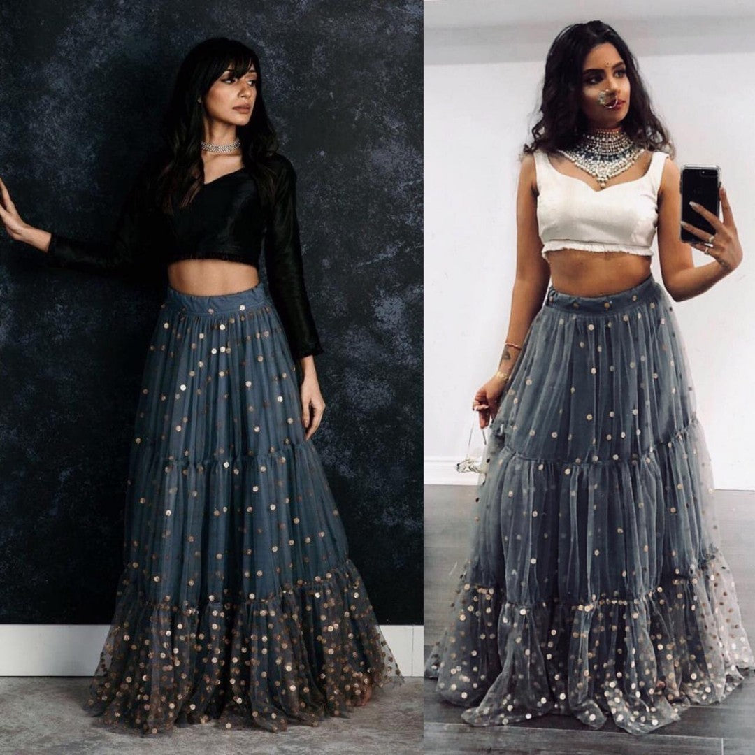 Grey net sequence work partywear lehenga