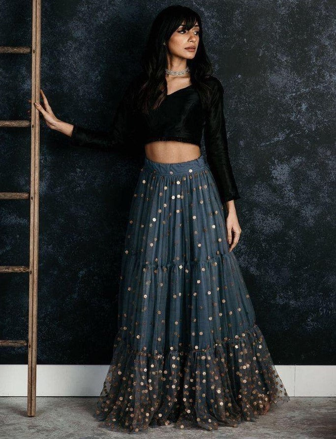 Grey net sequence work partywear lehenga