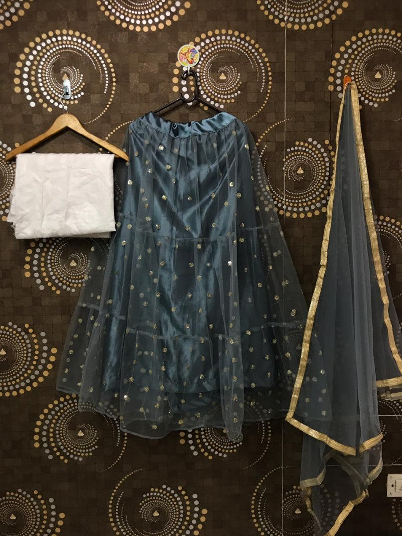 Grey net sequence work partywear lehenga