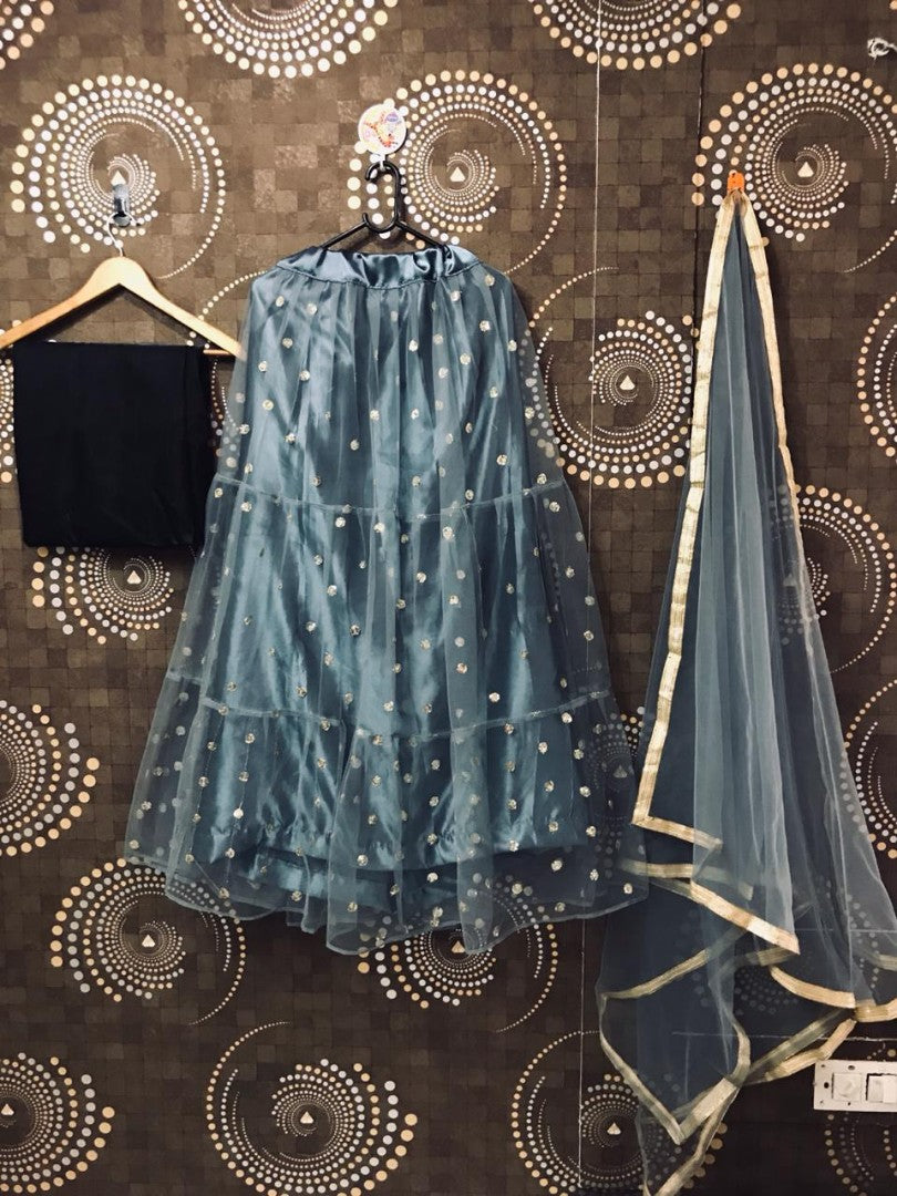 Grey net sequence work partywear lehenga