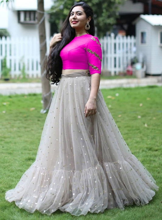 Grey net sequence worked festival wear lehenga choli