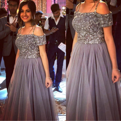 Grey net thread and sequence work partywear gown