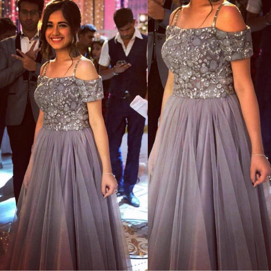 Grey net thread and sequence work partywear gown