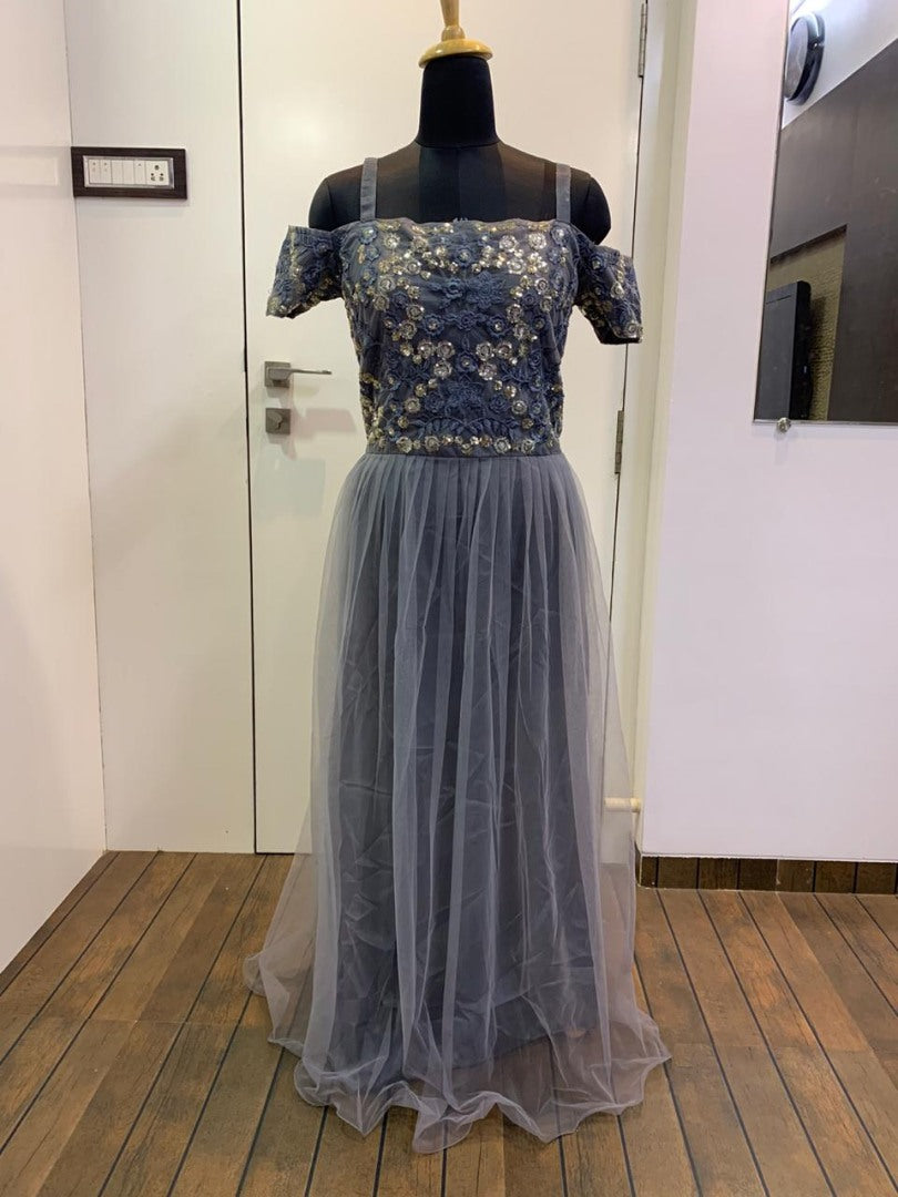 Grey net thread and sequence work partywear gown