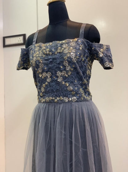 Grey net thread and sequence work partywear gown