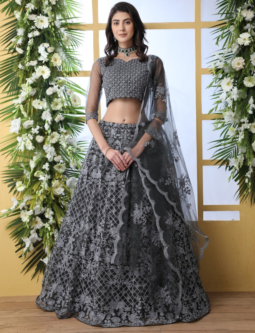 Grey net thread embroidered wedding lehenga choli