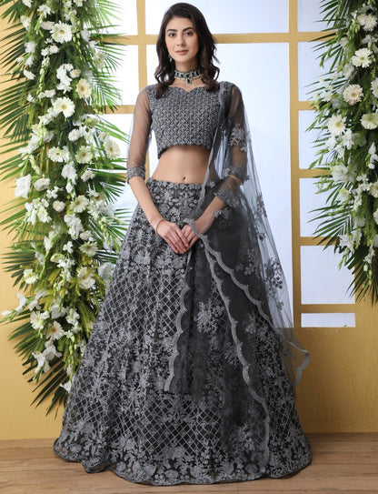 Grey net thread embroidered wedding lehenga choli