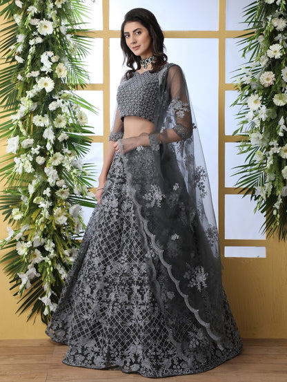 Grey net thread embroidered wedding lehenga choli
