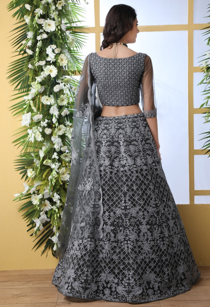 Grey net thread embroidered wedding lehenga choli