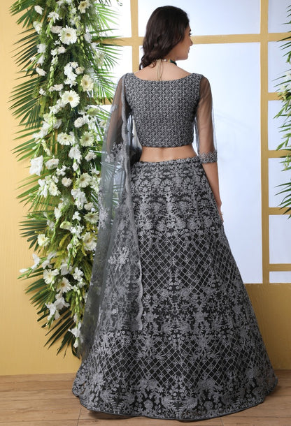 Grey net thread embroidered wedding lehenga choli