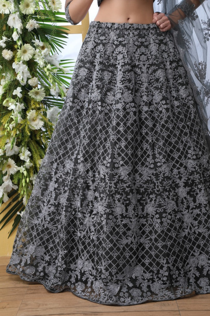 Grey net thread embroidered wedding lehenga choli
