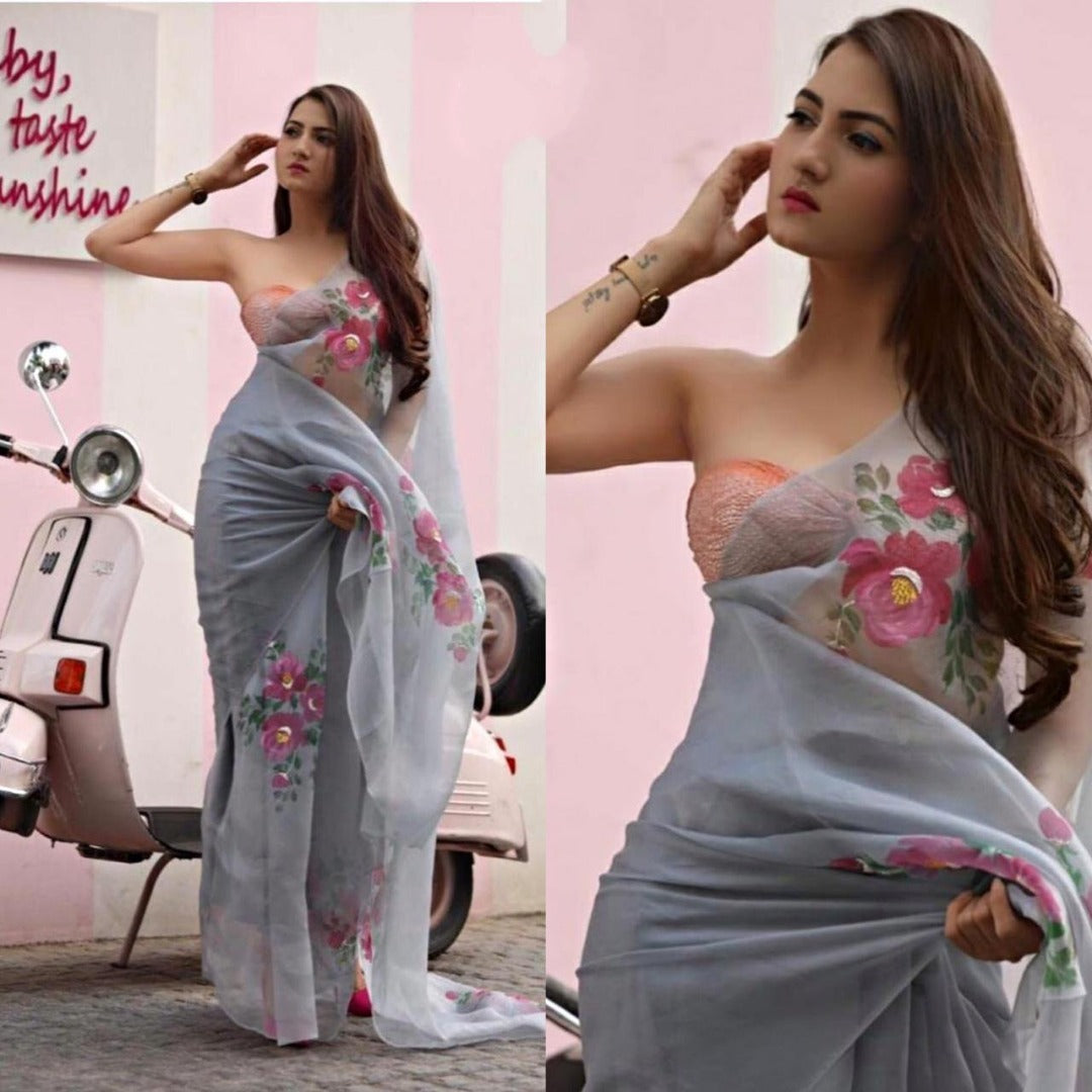 Grey organza digital printed casual wear saree