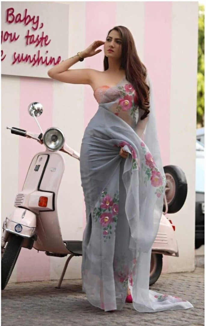 Grey organza digital printed casual wear saree