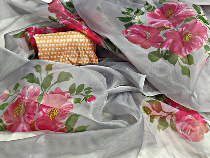 Grey organza digital printed casual wear saree