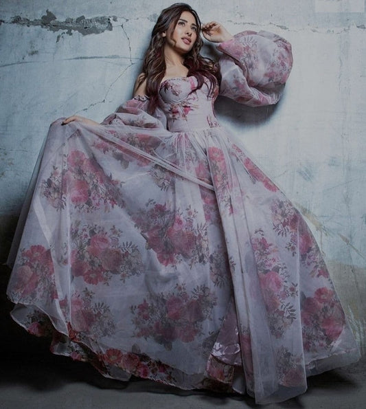 Grey organza floral digital printed gown