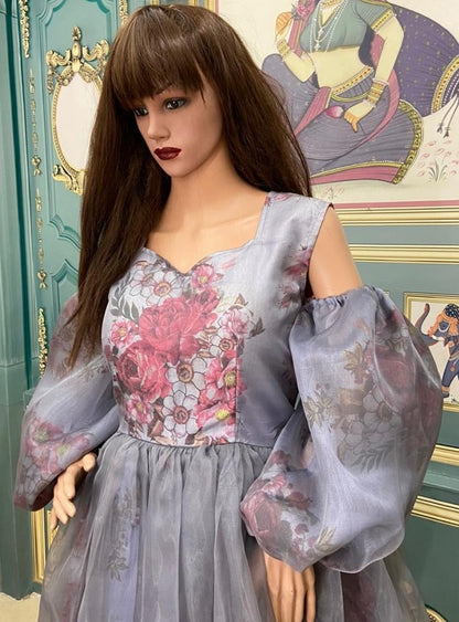 Grey organza floral digital printed gown