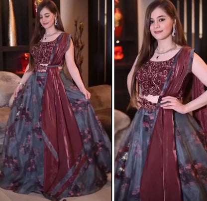 Grey organza sequence embroidered & printed work lehenga choli