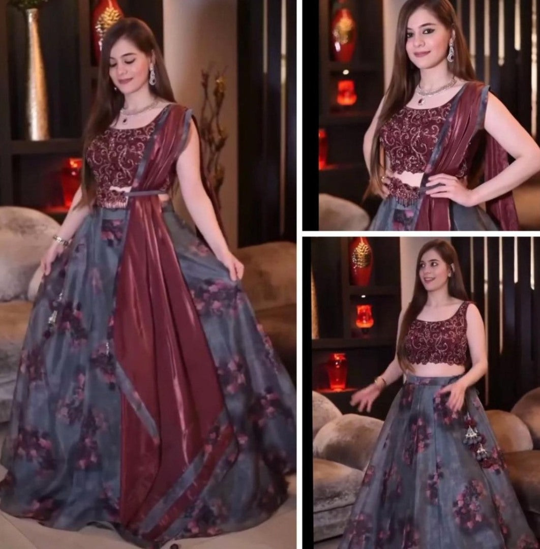 Grey organza sequence embroidered & printed work lehenga choli