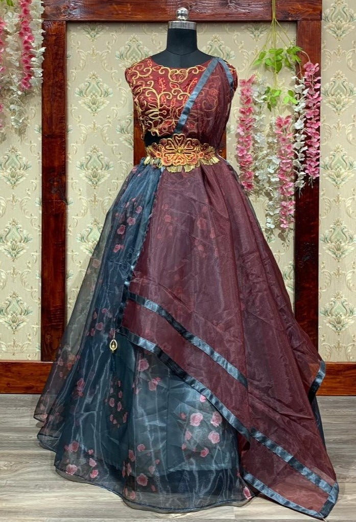 Grey organza sequence embroidered & printed work lehenga choli