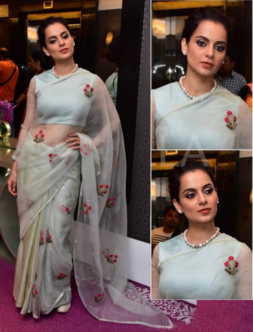 grey orgenja silk emboridered bollywood saree