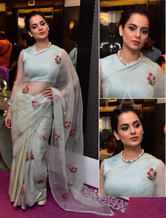 grey orgenja silk emboridered bollywood saree