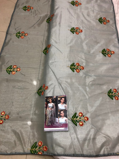grey orgenja silk emboridered bollywood saree