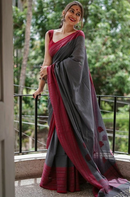 Grey original chanderi linen digital printed work saree