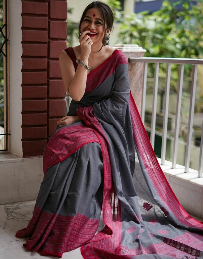 Grey original chanderi linen digital printed work saree