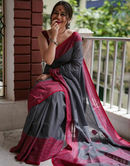 Grey original chanderi linen digital printed work saree