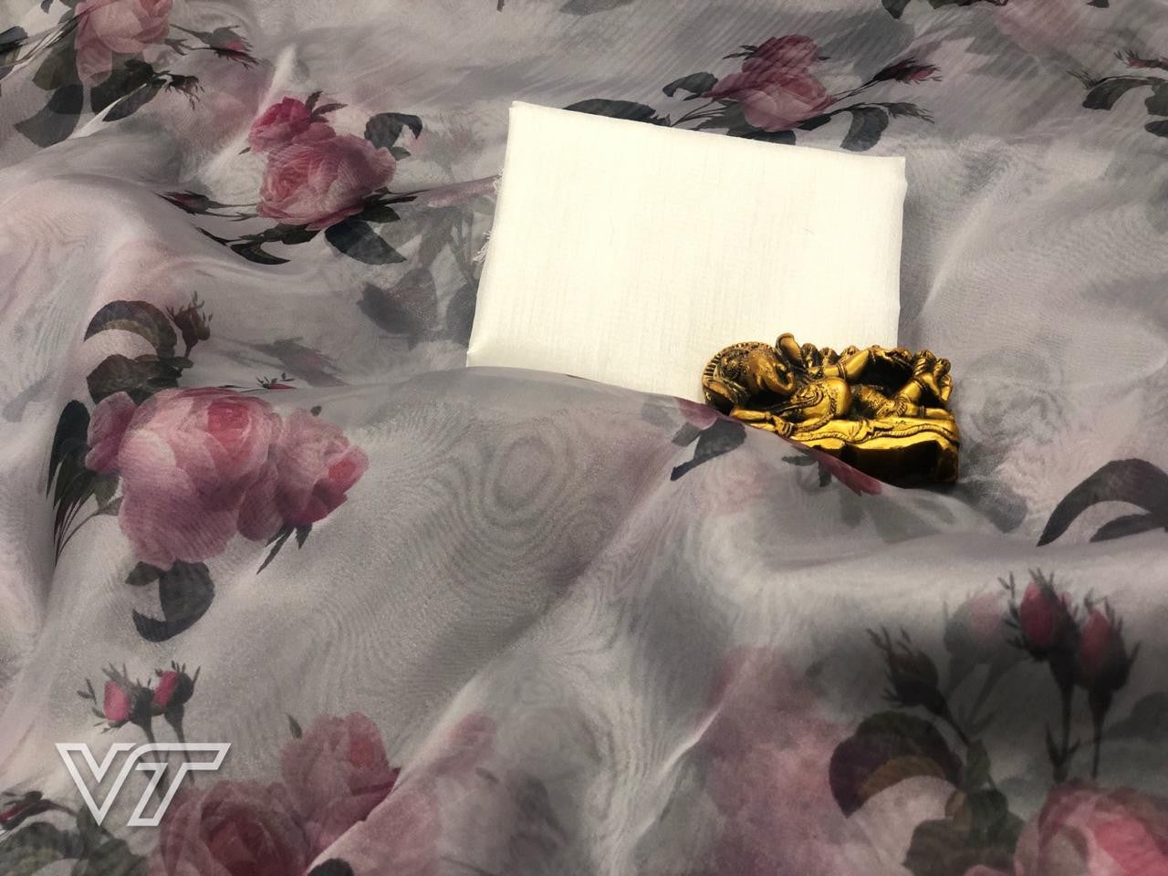 grey printed orgenza net partywear saree