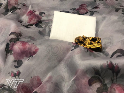 grey printed orgenza net partywear saree