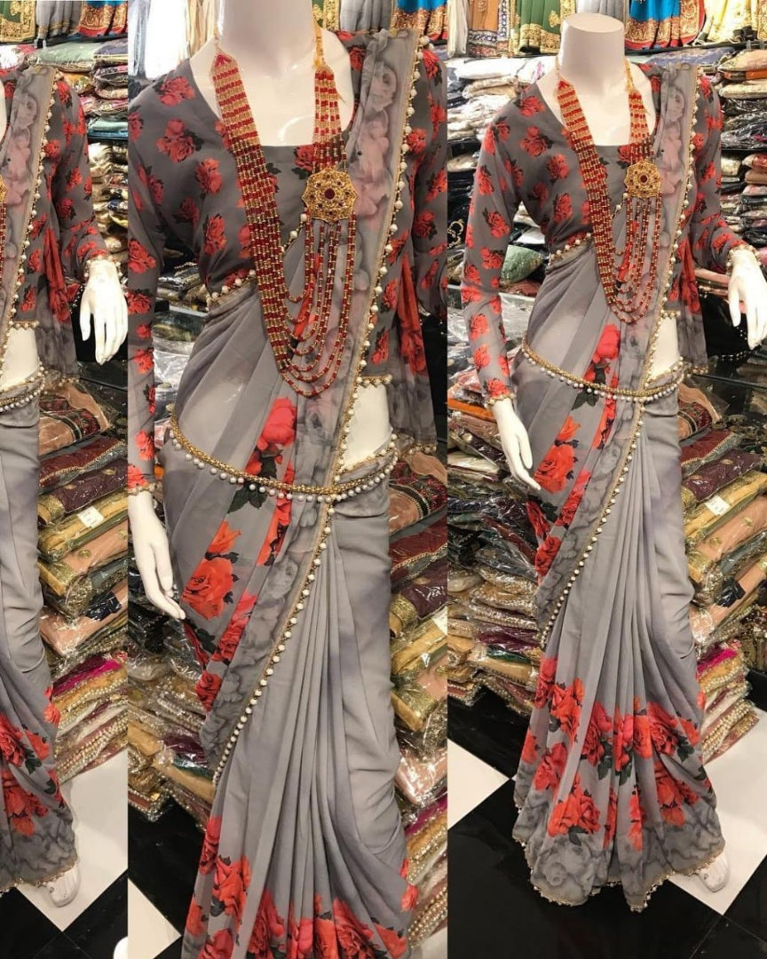 Grey pure georgette designer floral digital printed partywear saree