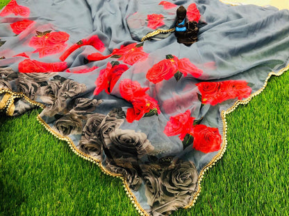 Grey pure georgette designer floral digital printed partywear saree