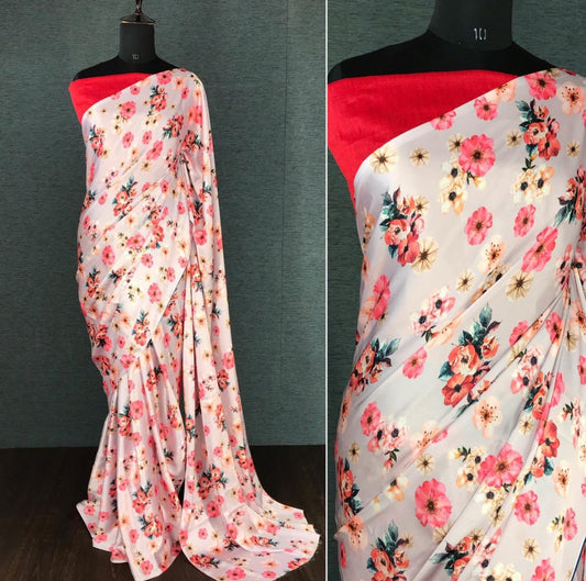 Grey pure japan satin printed saree