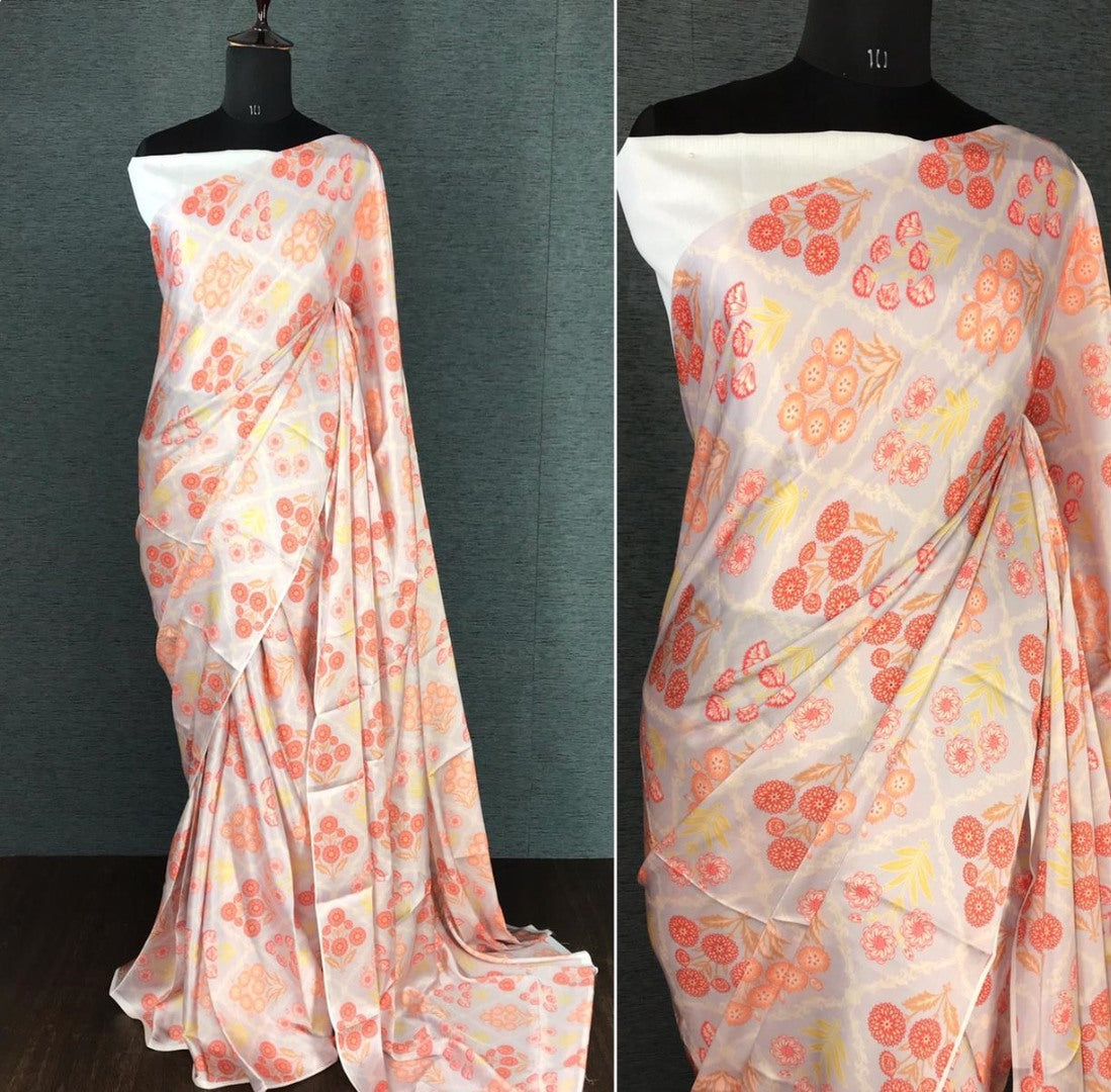 Grey pure japan satin printed saree