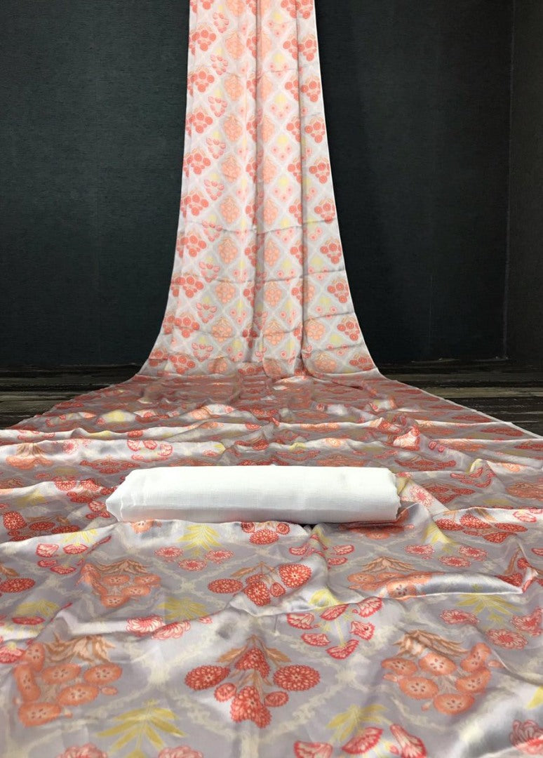 Grey pure japan satin printed saree