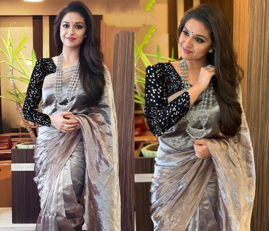 Grey pure khadi tissue silk partywear saree with net sequence blouse