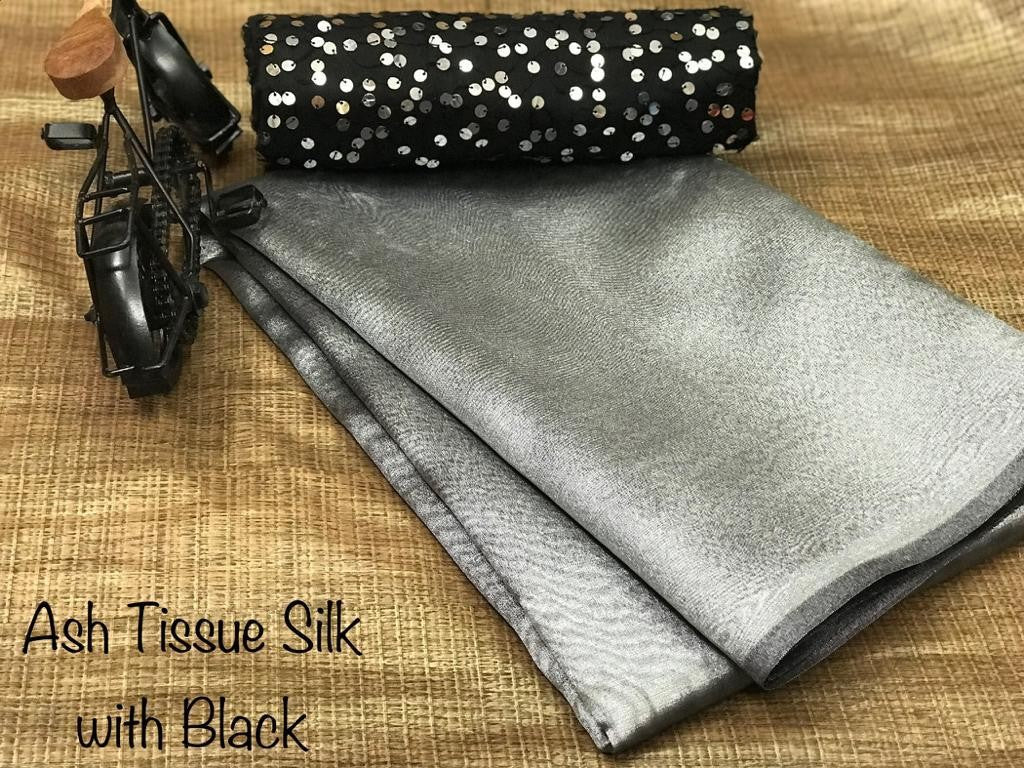Grey pure khadi tissue silk partywear saree with net sequence blouse