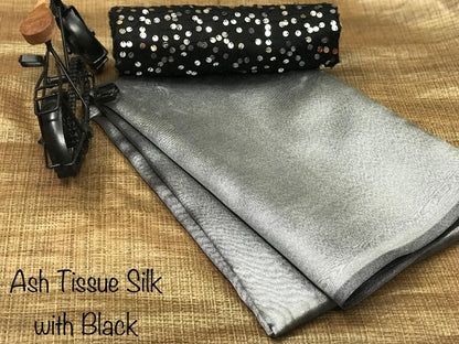 Grey pure khadi tissue silk partywear saree with net sequence blouse