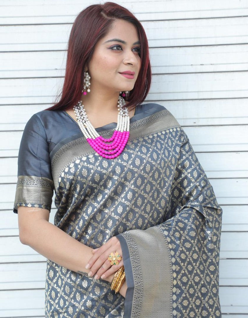 Grey pure lichi silk banarasi jacquard weaving work wedding saree