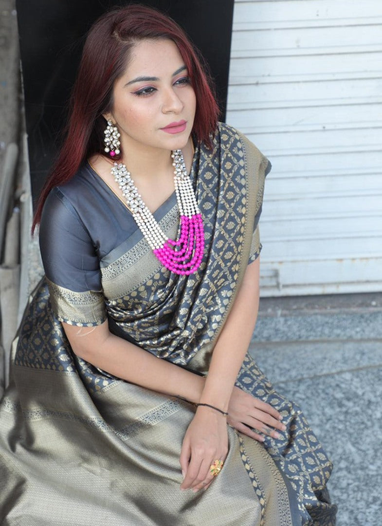 Grey pure lichi silk banarasi jacquard weaving work wedding saree