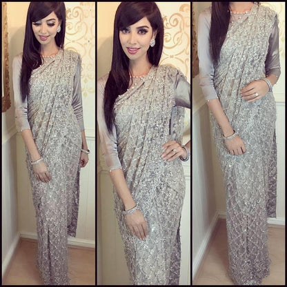 Grey pure net with heavy masli work ceremonial saree