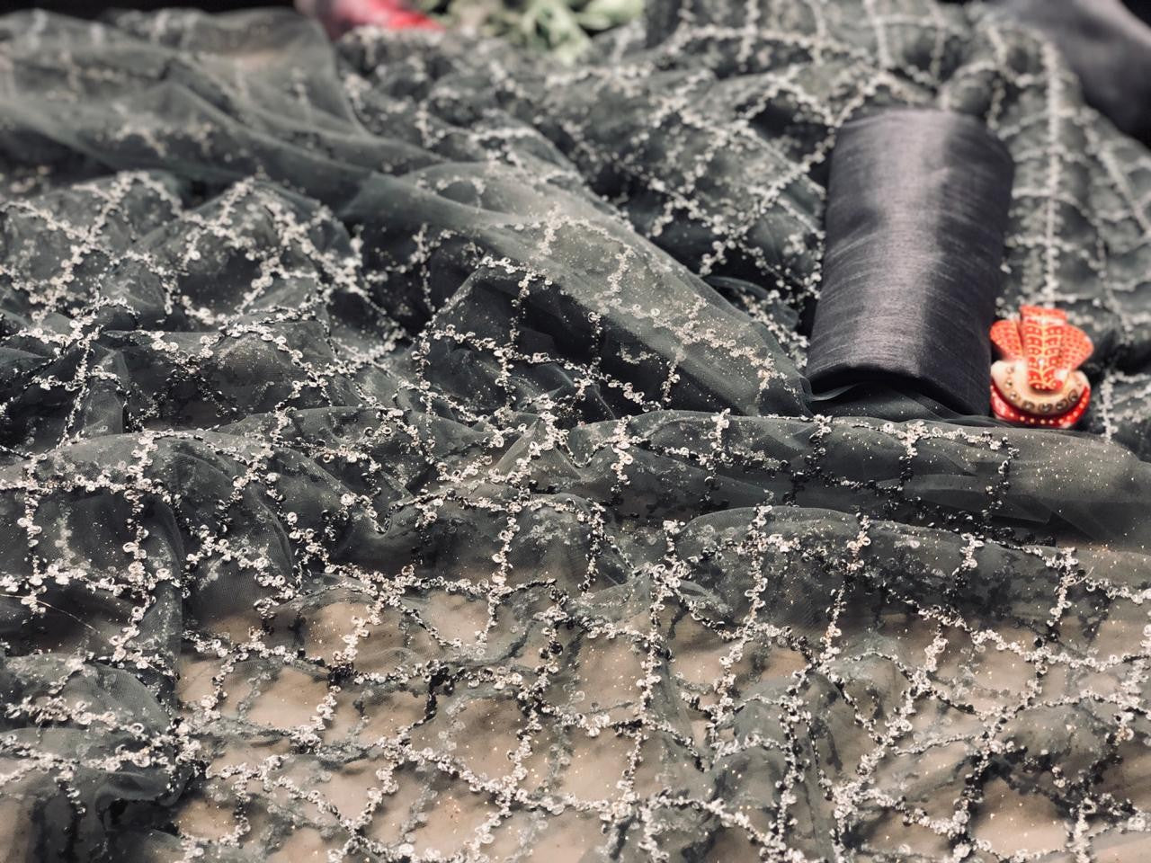 Grey pure net with heavy masli work ceremonial saree