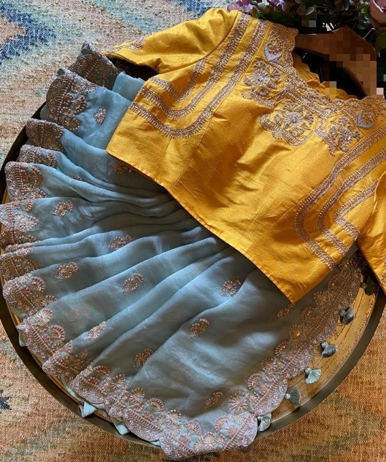 Grey pure organza silk georgette thread work ceremonial saree