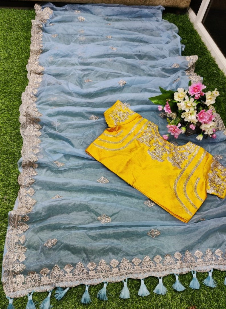Grey pure organza silk georgette thread work ceremonial saree