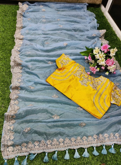 Grey pure organza silk georgette thread work ceremonial saree